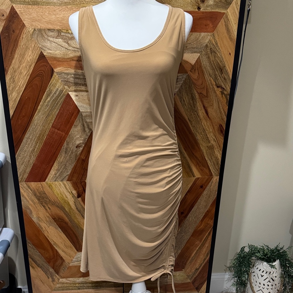 Express Tan Ruched Midi Dress